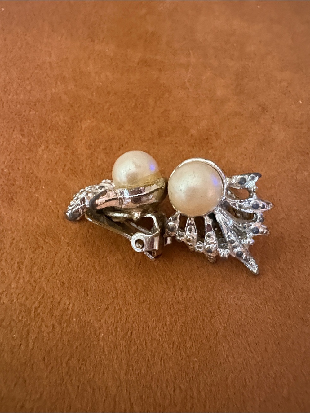 Pearl and Rhinestone Silver-Tone Clip-On Earrings - Cream Pearls